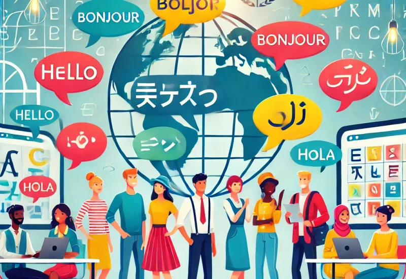 DALL·E 2025-03-19 21.36.52 - A modern and visually appealing illustration representing language development for an institute's website. The image features a diverse group of peopl