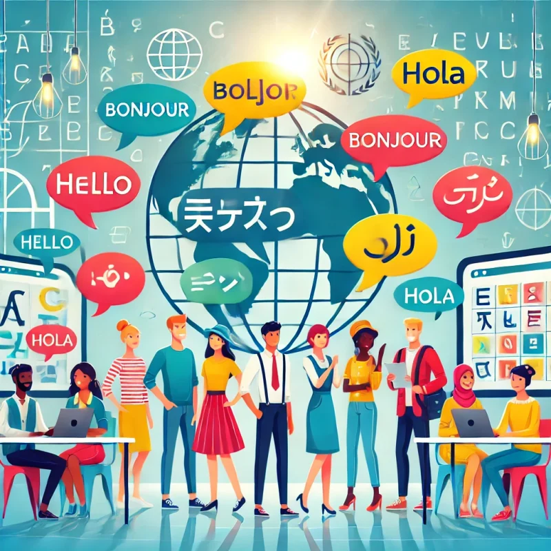 DALL·E 2025-03-19 21.36.52 - A modern and visually appealing illustration representing language development for an institute's website. The image features a diverse group of peopl