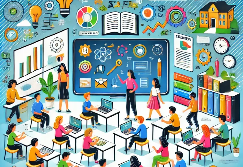 DALL·E 2025-03-19 21.39.47 - A vibrant and modern illustration representing school education services. The image features a diverse group of students in a classroom, engaging in i