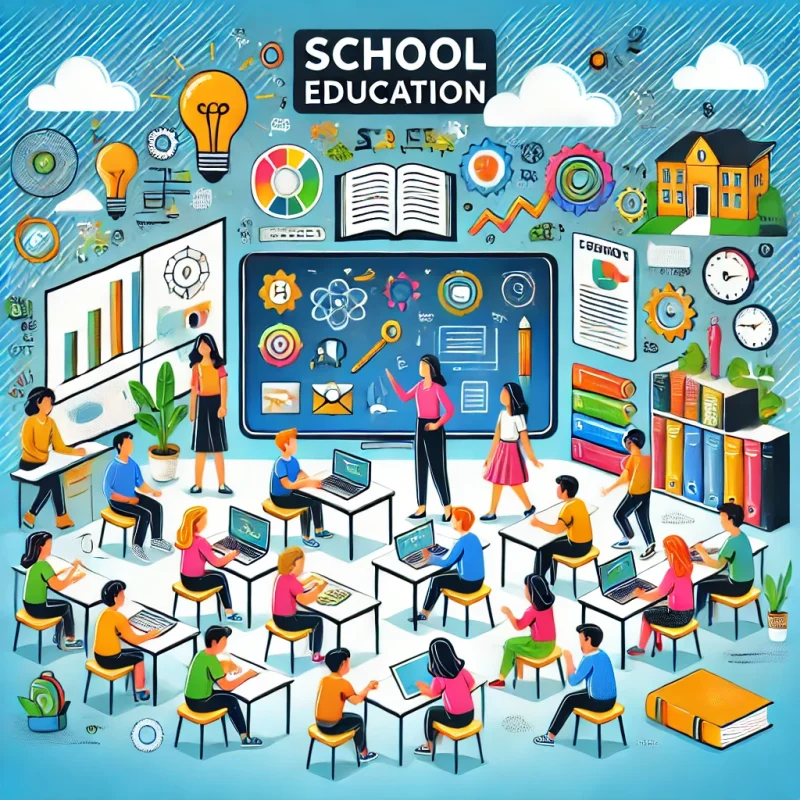 DALL·E 2025-03-19 21.39.47 - A vibrant and modern illustration representing school education services. The image features a diverse group of students in a classroom, engaging in i