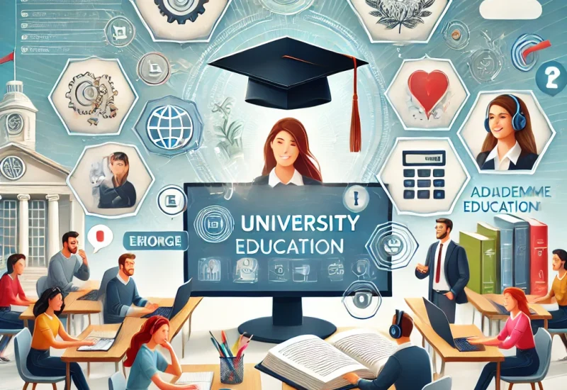 DALL·E 2025-03-19 21.41.43 - A modern and visually appealing illustration representing university education services. The image features a diverse group of university students eng