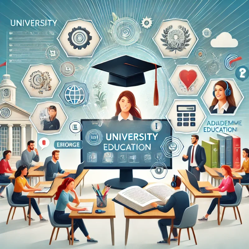DALL·E 2025-03-19 21.41.43 - A modern and visually appealing illustration representing university education services. The image features a diverse group of university students eng