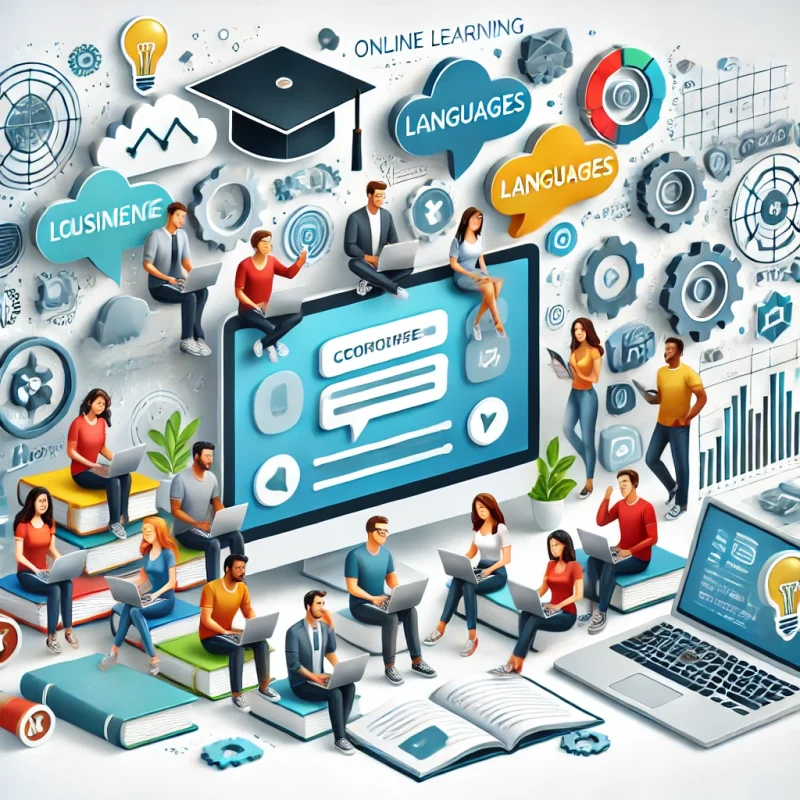 DALL·E 2025-03-19 21.43.23 - A modern and visually appealing illustration representing educational courses. The image features a diverse group of people engaged in online and in-p